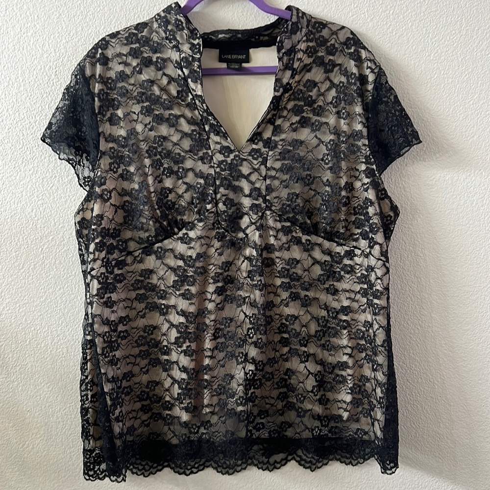 Lane Bryant Black Lace Overlay Blouse with Nude Lining